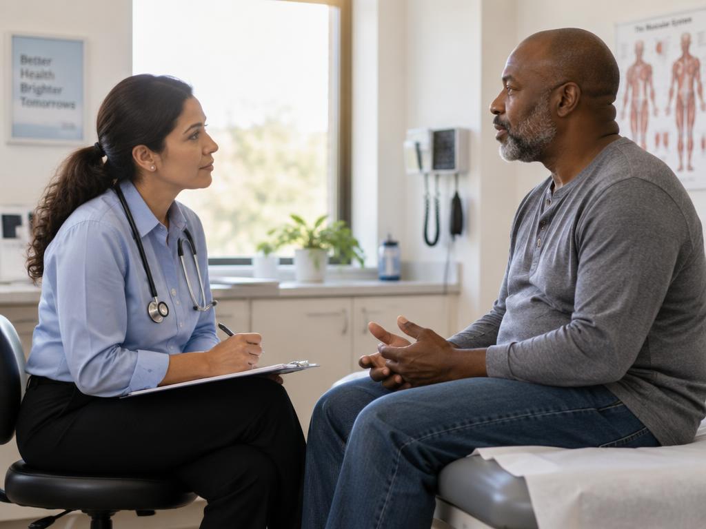 A physician listening to a patient in a bright outpatient exam room