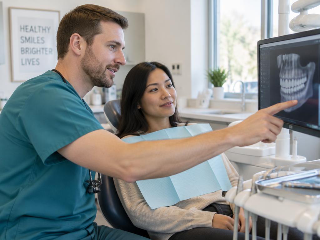 A dental hygienist reviewing an on-screen treatment plan with a patient