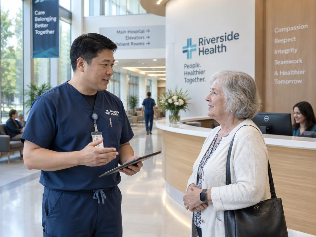 A nurse speaking with a patient near the reception desk of a hospital lobby