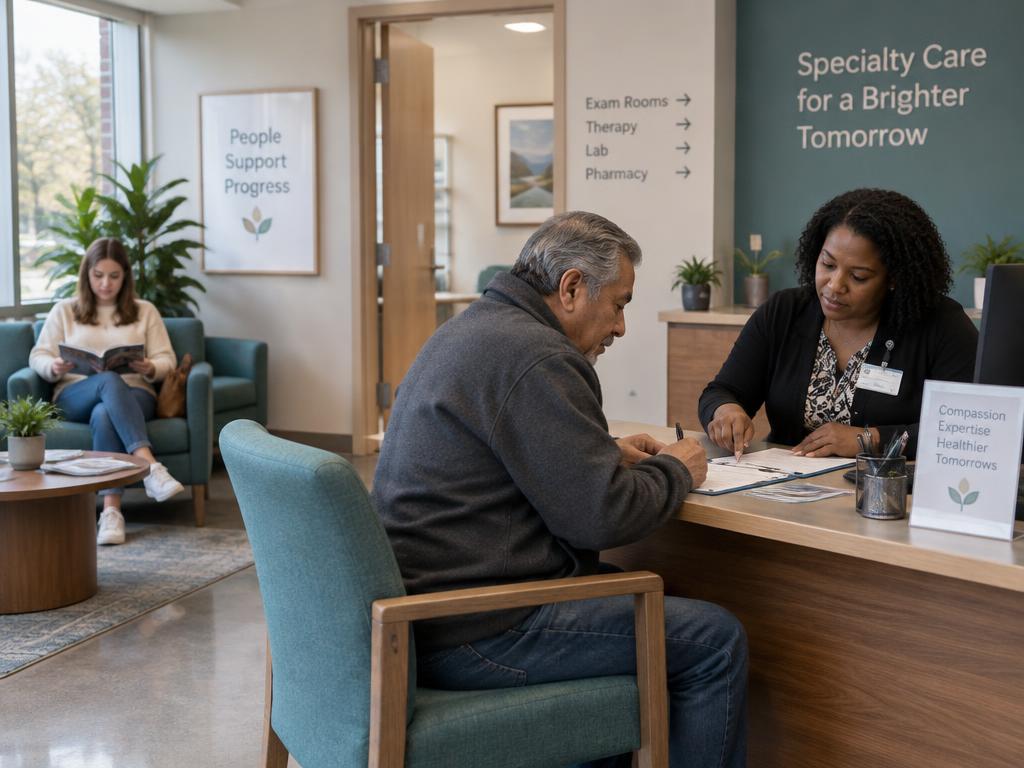 An intake coordinator helping a patient with paperwork in a specialty care waiting area