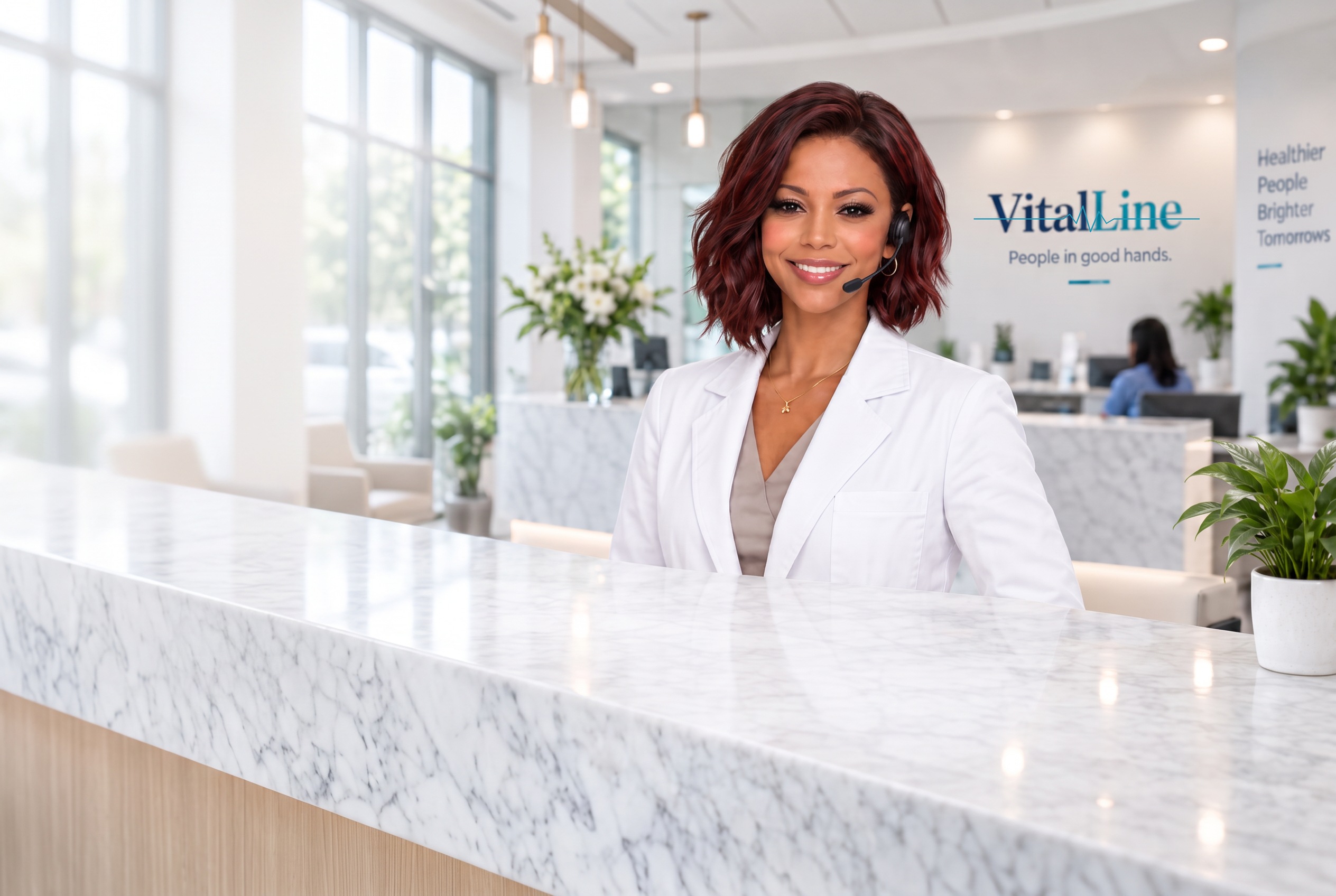 VitalLine's virtual assistant, a smiling woman in a white coat wearing a discreet headset, seated at a marble desk in a bright medical reception area